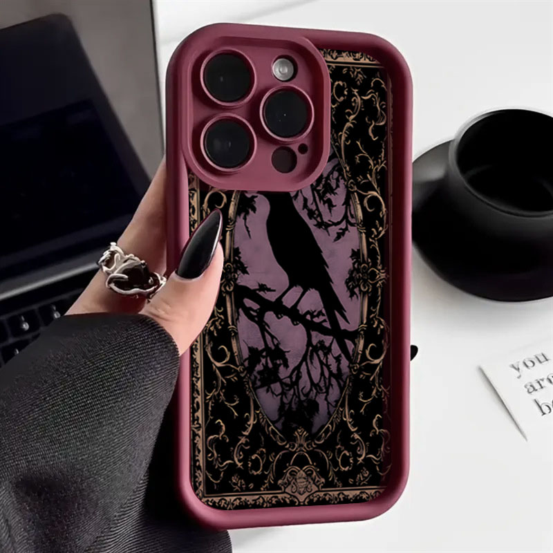 Phone Cases Aesthetic - Aesthetic Black Crow Pattern Wine Red