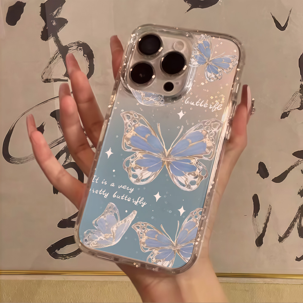 Phone Cases Clear - Luxury Blue Butterfly Clear Glitter Phone